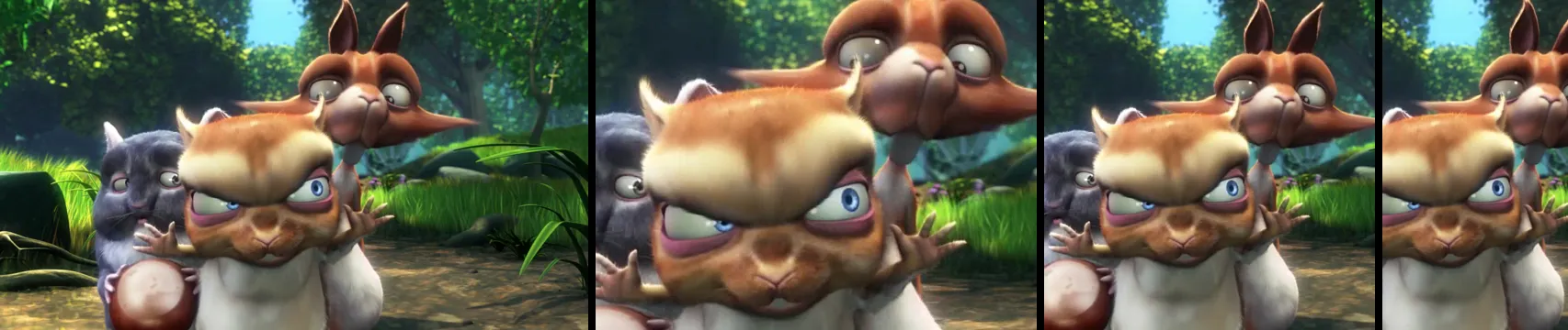 Four frames from the Big Buck Bunny sample, left to right: the original 1280×720 input, a 640×480 off-center crop, a 720×720 centered square, and a 720×1280 vertical produced by cropping the central column and scaling up.