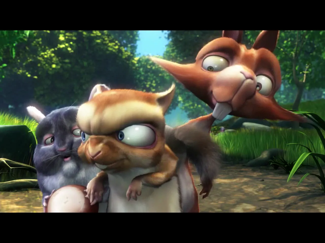 A 1280×960 frame from the synthesized letterboxed clip: the 720p Big Buck Bunny scene centered, with 120-pixel black bars added above and below.