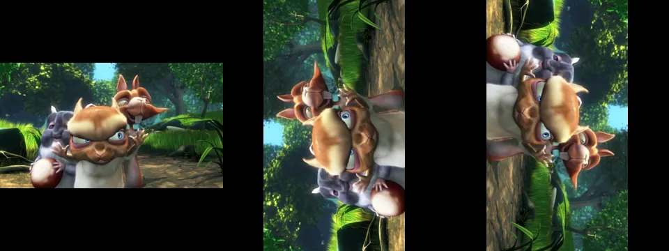 Three frames from the same Big Buck Bunny source: original landscape on the left, output of -display_rotation:v:0 90 (counter-clockwise) in the middle, output of -display_rotation:v:0 -90 (clockwise) on the right.